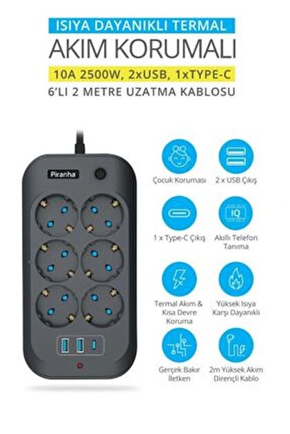Piranha 45660 Akım Korumalı 6'lı Priz Uzatma Kablosu / 2 x USB - 1