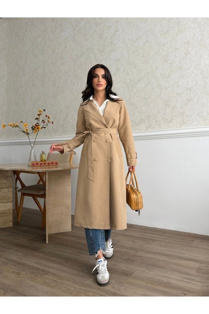 Women's Classic Pocketed Belted Trendy Midi Taba Trench Coat