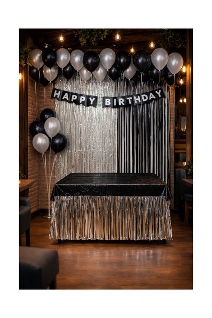 Black Silver Birthday Party Celebration & Curtain & Banner & Table Decoration Set 58 Pieces Product