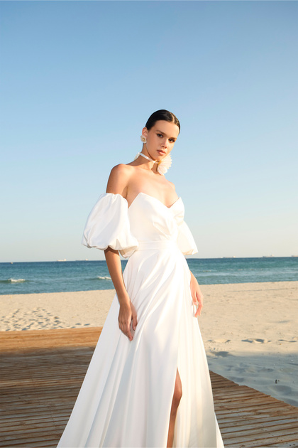 CARMEN Ecru Satin Balloon Sleeve Slit Long Outdoor Shoot Dress- Trendyol CARMEN Ecru Satin Balloon Sleeve Slit Long Outdoor Shoot Dress- Trendyol