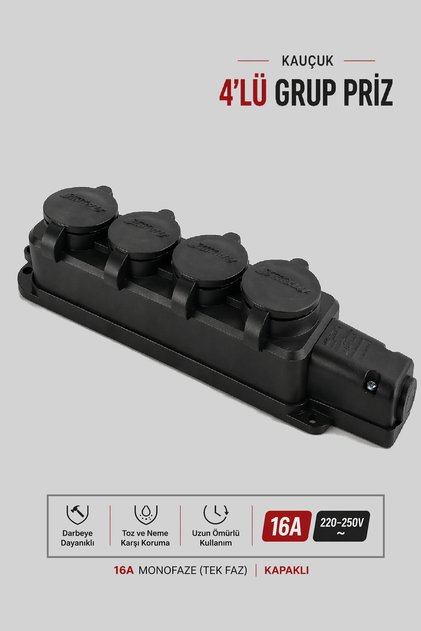Mutlusan Extension Cable 4-Outlet Rubber Socket 16A Single Phase (Single Phase) Mut-29/4 – Industrial Type with Cover