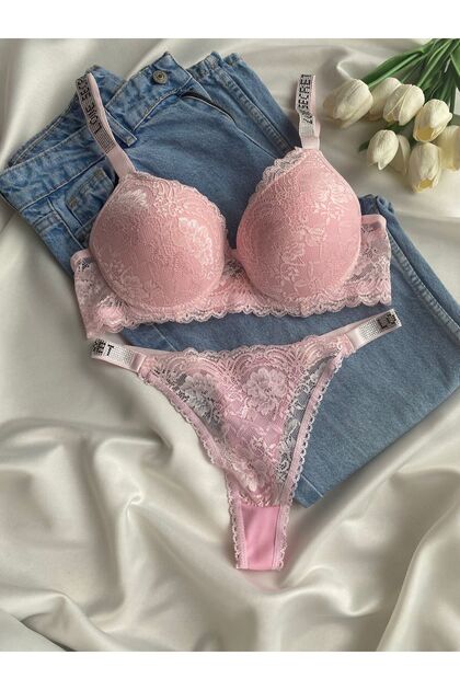 Women's Pink Lace Rhinestone Underwire Push up Padded Push up Bra Set Underwear Set