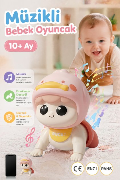 Pembe Bebek Emekleme Oyuncağı: Etkileşimli Müzikli Ördek, Eğitici Hareketli Hediye Hediye Oyuncak, 10+ Ay