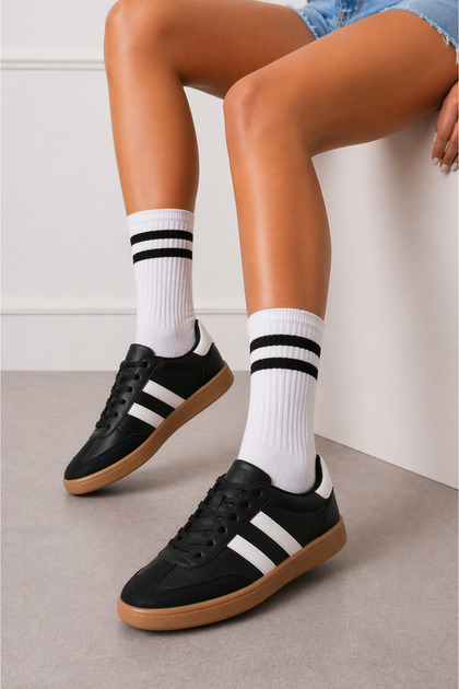Fortuna Black and White Striped Lace-Up Sports Sneaker Shoes Stc1295