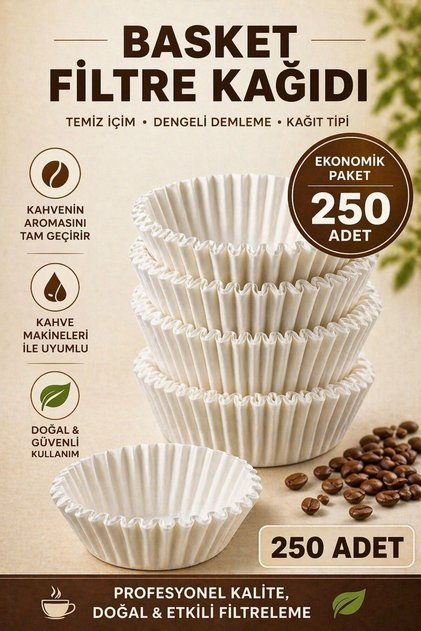 250/90 Basket Filtre Kahve Kağıdı 250 Adet – Kahve Makinesi Uyumlu, Profesyonel Demleme