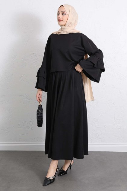 Volan Sleeveless Skirt Suit Y0075 - Black