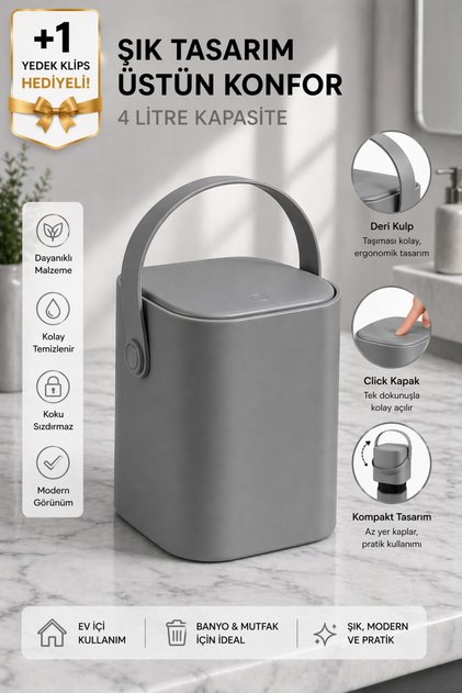 Yeni Nesil Akıllı Kapak Deri Kulplu Tezgah Üstü Mutfak Çöp Kovası 4 Litre