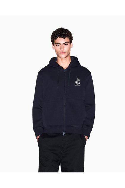 Men's Regular Fit Ax Logo Detailed Zippered Hooded Long Sleeve Navy Blue Sweatshirt