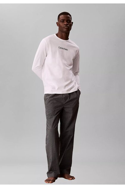 Erkek Normal Kesim Jakarlı Logo Detaylı Uzun Kollu %100 Pamuklu Siyah Pijama Takımı