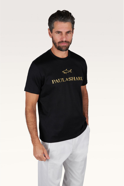 Men's Regular Fit Round Collar Logo Embroidered Cotton Short Sleeve Black-Gold T-Shirt