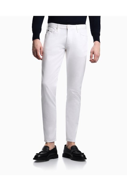 Erkek Slim Fit Pamuklu Dar Paça Deri Logo Etiketli Beyaz Jeans