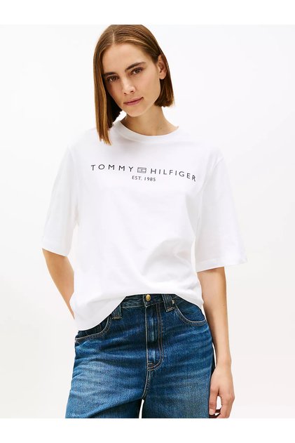 Kadın Kısa Kol Bisiklet Yaka Rahat Kesim Beyaz T-Shirt