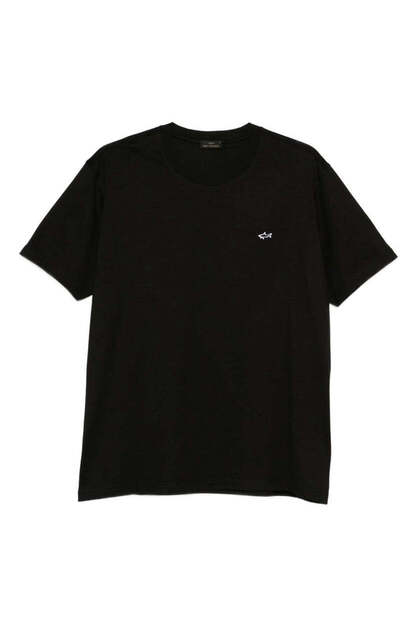 Men's Regular Fit Ribbed Collar Metallic Logo Detailed Cotton Short Sleeve Black T-Shirt