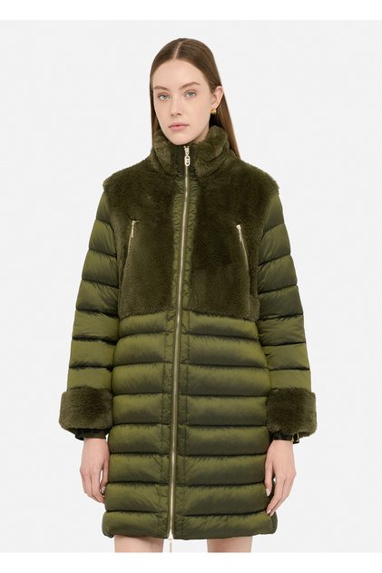 Women's Stand Collar Long Sleeves Furry Inflatable Quilted Pattern Green Jacket