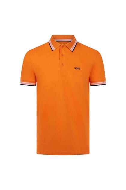 Erkek Kısa Kol Polo Yaka Yaka Ve Kol Uçları Renkli Şerit Kapama Turuncu Polo Yaka T-Shirt