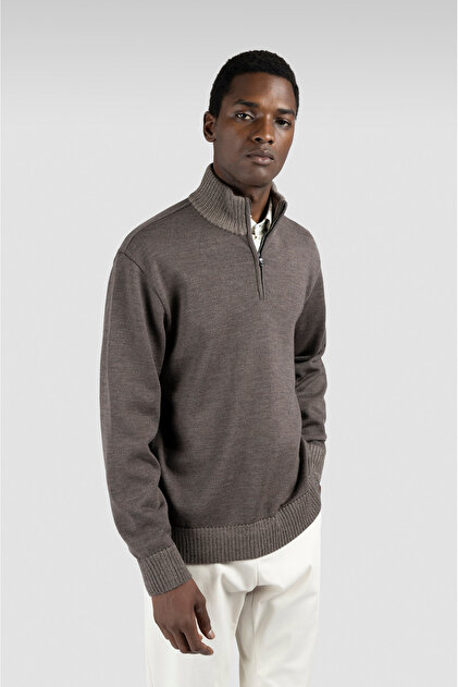 Men's Regular Fit Half Zipper Stand Collar 100% Wool Long Sleeve Knitwear Brown Knitwear