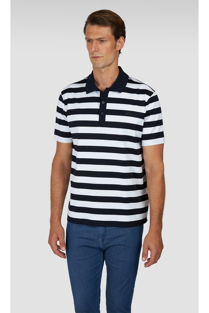 Men's Regular Fit Horizontal Striped 100% Cotton Short Sleeve Navy Blue-White Polo Neck T-Shirt