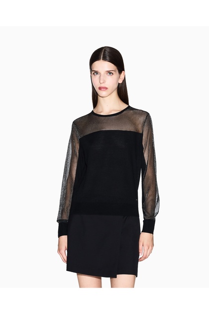 Women's Long Sleeve Top with Transparent Details on Sleeves and Collar Regular Fit Black Sweater