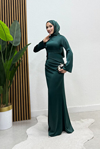 Tarzm Tuba Premium Black Zara Satin Draped Spanish Sleeve Hijab Evening  Dress- Trendyol