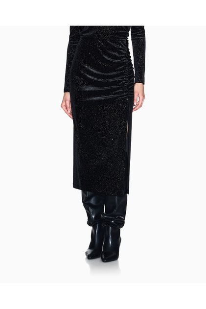 Women's High Waist Side Gathered and Slit Detailed Midi Length Black-Silver Skirt