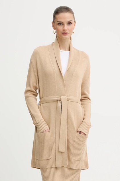 Women's Belted and Pocketed Relaxed Fit Long Sleeve Ecru Cardigan