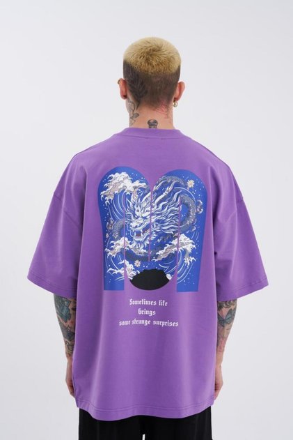 Erkek Dragon Baskılı Oversize Tişört Mor