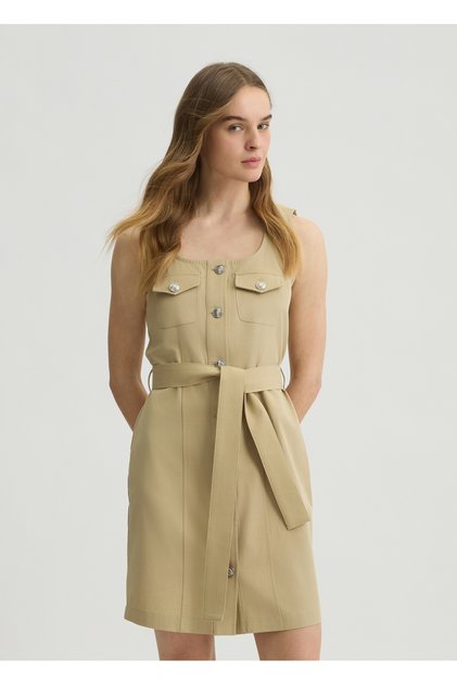 Women's Round Neck Front Button Closure Above Knee Length Waist Belted Beige Dress