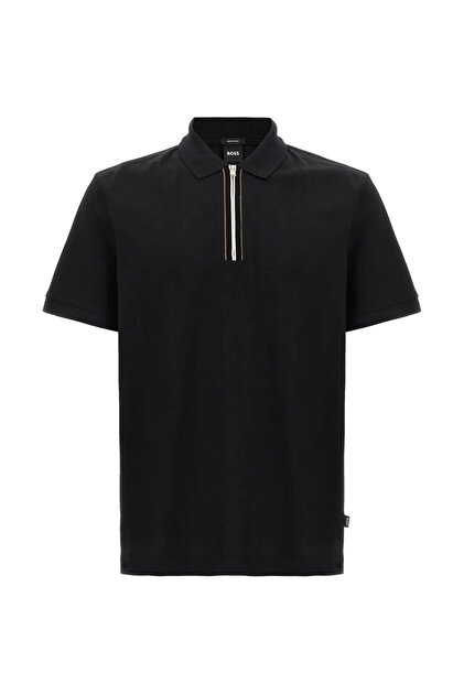 Erkek %100 Merserize Pamuklu Normal Kalıp Kısa Kollu Yarım Fermuarlı Siyah Polo Yaka T-Shirt