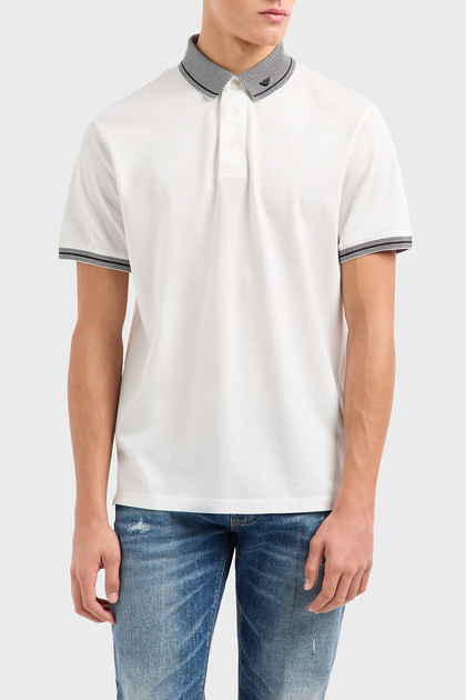 Men's Polo Collar Short Sleeve White Polo T-Shirt with Buttoned Collar and Stripe Detail on Cuffs