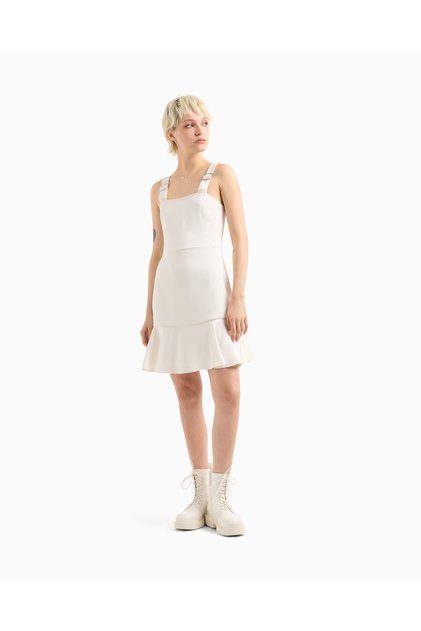 Women's Top Narrow Bottom Wide Metal Detailed Strap Zipper Closure Ecru Dress