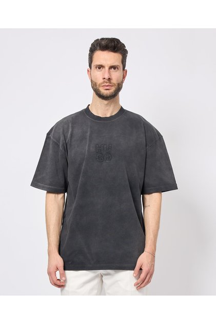 Erkek Bisiklet Yaka Kısa Kol Yazı Detay Regular Fit Siyah T-Shirt