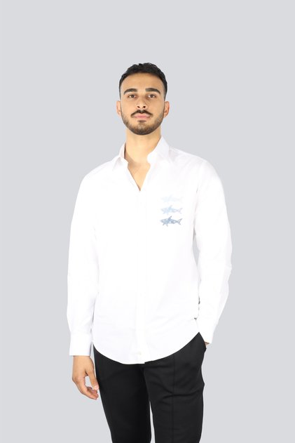 Erkek Regular Fit Göğsü Shark Logolu Pamuklu Uzun Kollu Beyaz Gömlek