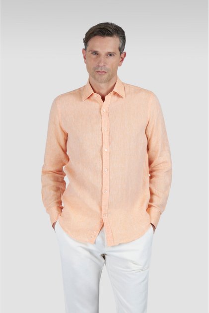Men's Regular Fit 100% Linen Plain Long Sleeve Orange Shirt