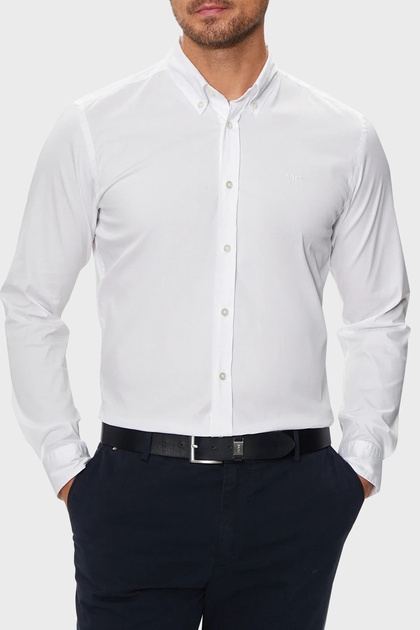 Erkek Slim Fit Uzun Kollu Logo Desenli Beyaz Gömlek