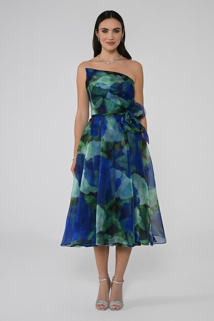 Women's Multi-Color Floral Belt Detailed Long Multi-Color Evening Dress & Graduation Dress