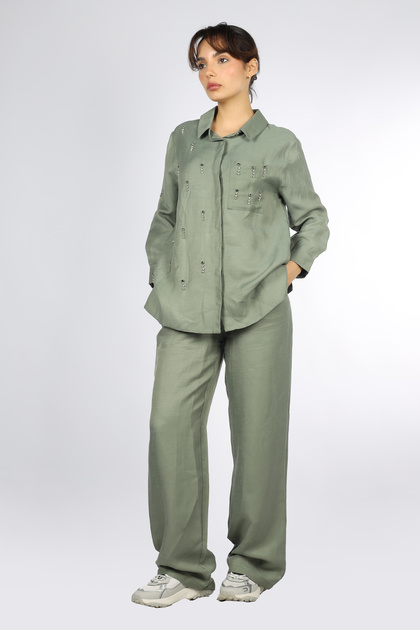 Women's Cotton Shirt Collared Long Sleeve Button Closure Khaki Top and Bottom Set