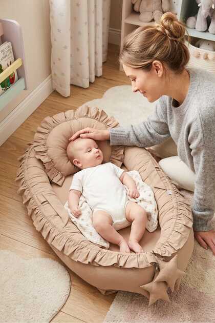 Babynest, Bebek Uyku Yatağı, Yatak - 0-2 Yaş - %100 Pamuk - Kahve Fırfırlı