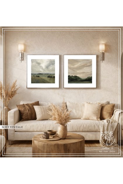 Soft Vintage - Dijital Baskılı Gümüş Metal Çerçeveli Gerçek Camlı İkili Dekoratif Tablo