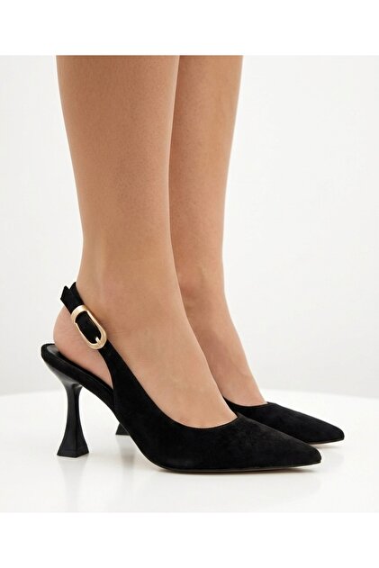 ZCE MODA Women's Heeled Pointed Ankle-Length Black Suede Shoes- Trendyol