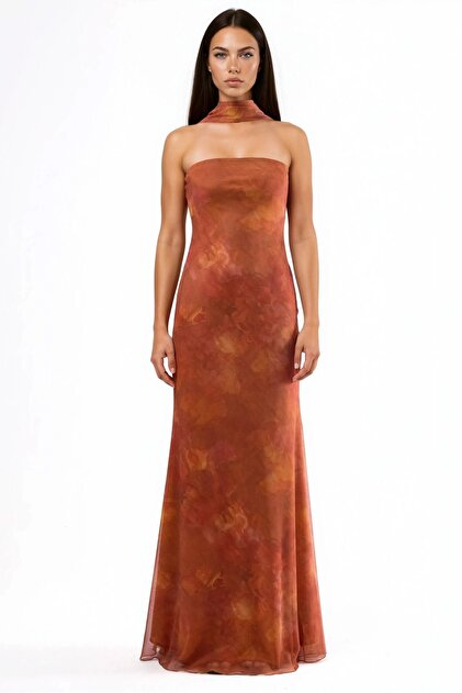Hiccup Strapless Floral Print Tulle Belted Bodycon Maxi Dress- Trendyol