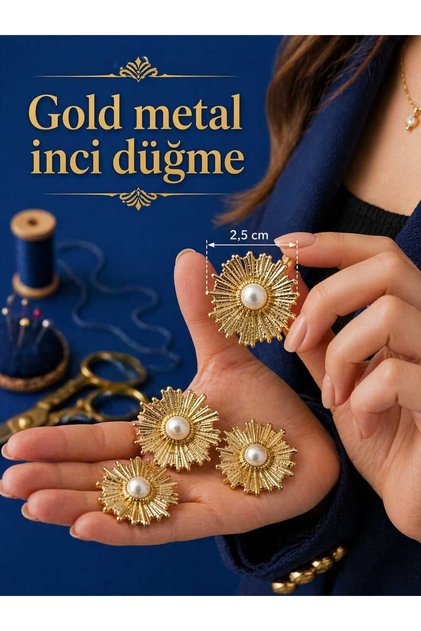 BUTON METALIC CU PERLE 2,5 CM ACOPERIT AUR 1 PACHET 5 BUC