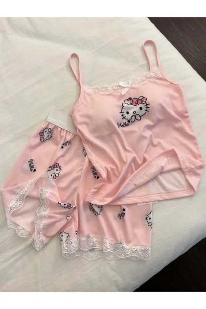 Pembe Hello Kitty Dantel Detaylı Alt Üst Takım
