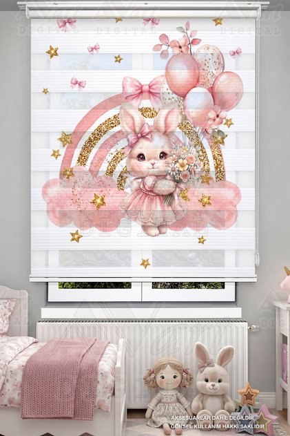 Pembe Gökkuşağı ve Tavşan Desenli Çocuk Odası Perdesi - Dijital Baskılı Zebra Stor Perde
