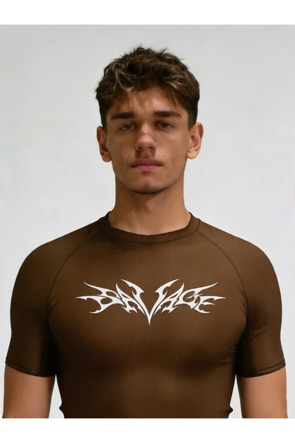 Savage Compression Tight / Slim Crew Neck T-Shirt Brown Unisex Youth
