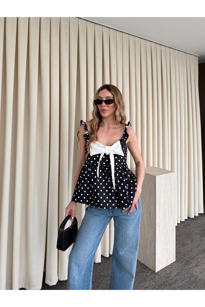 Black Polka Dot Blouse with Bow on the Front - 8435