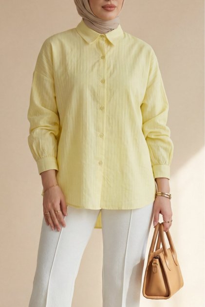 Long Backline Patterned Buttoned Loose Shirt - Yellow