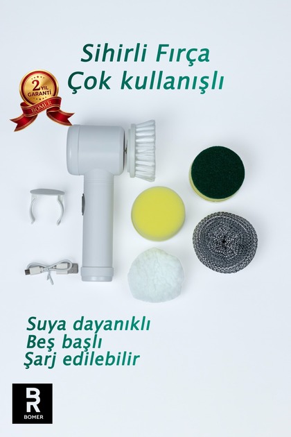 PRO 5 BAŞLIKLI ŞARJLI TEMİZLİK FIRÇASI SUYA DAYANIKLI DERİN TEMİZLİK SETİ