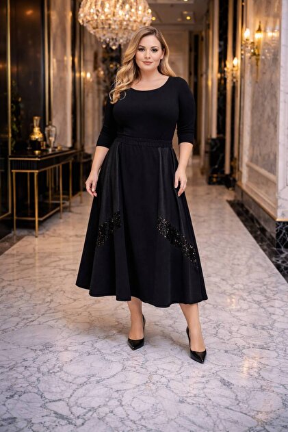 Women's Black Sequined Leather Long Bell Elastic Skirt with Sequin Detail