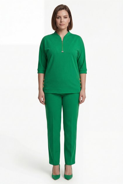 Women's Green Summer Top and Bottom Set with Front Zipper and Button Detail
