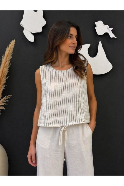 Kadın Sıfır Kol Çizgili Müslin Kumaş Crop Bluz cty-abr-7035b %100 Pamuk